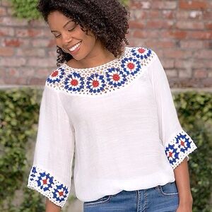 OLIVER Floral Crochet Collar and Sleeve Boho Tunic Top Size Small